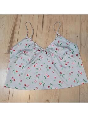 Colsie Cherry Print Satin Cami Top Coquette Bow Tie Front S